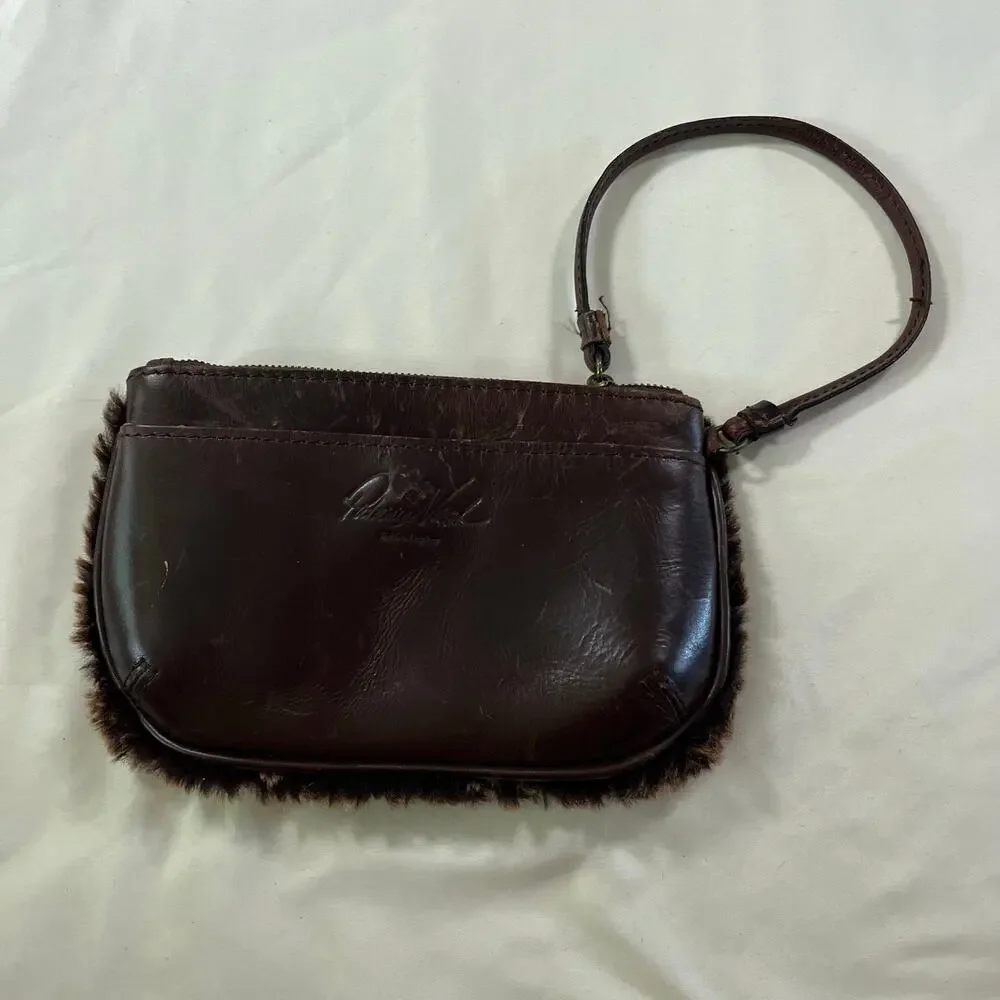 Patricia Nash Brown Genuine Leather Sheepskin Fur Wristlet Pouch Rustic